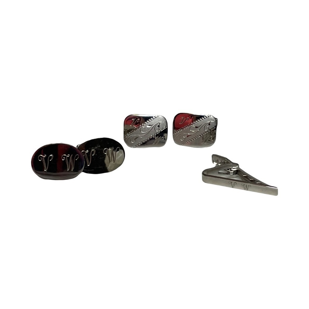 Silver Tone Tie Clip and Cuff Link Bundle Initials VW